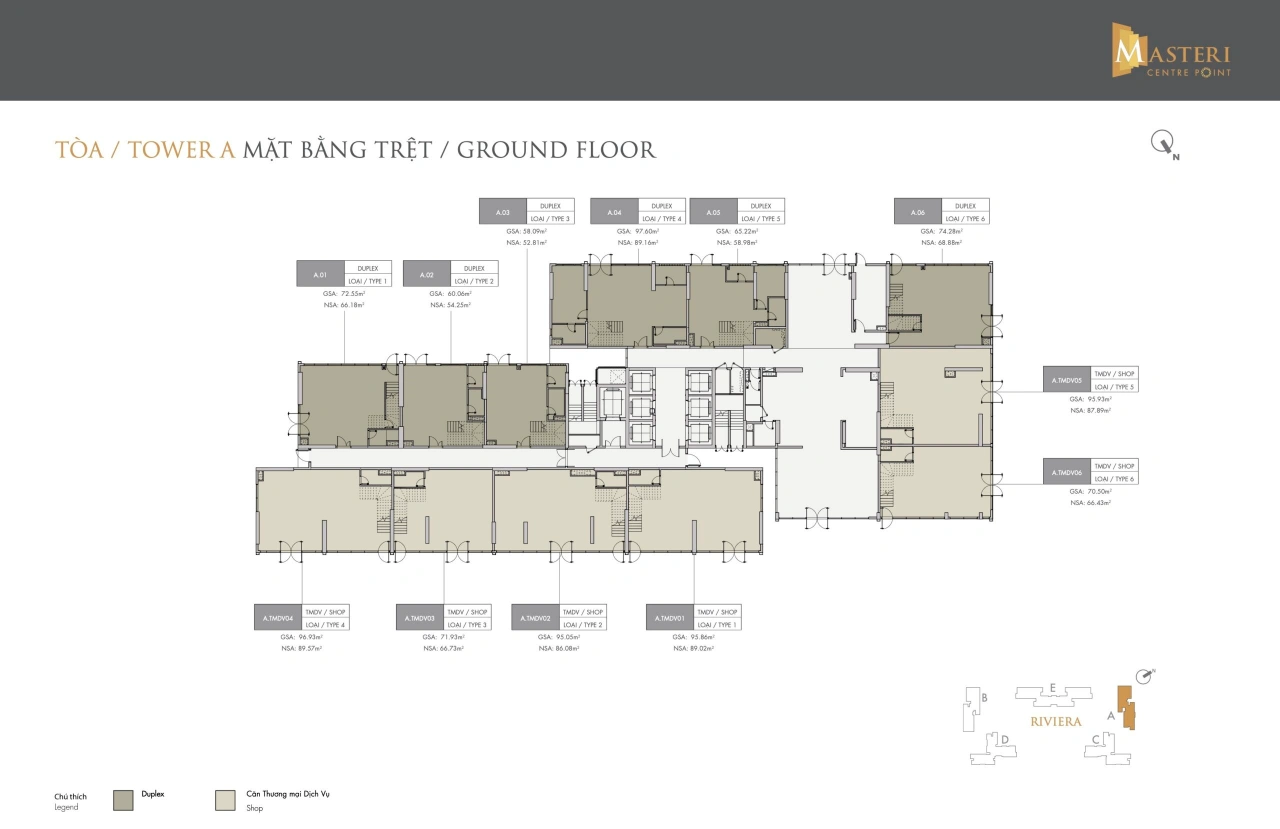 Layout mat bang can ho shophouse TMDV Masteri Centre Point phan khu Riviera toa A tang tret ban cho thue can ho shophouse Riviera Masteri Centre Point quan 9