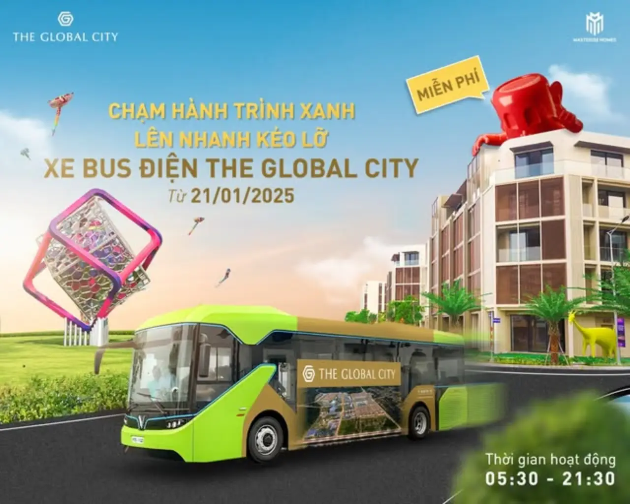 Trải nghiệm hiện đại với xe bus điện miễn phí The Global City trong không gian đô thị thông minh.